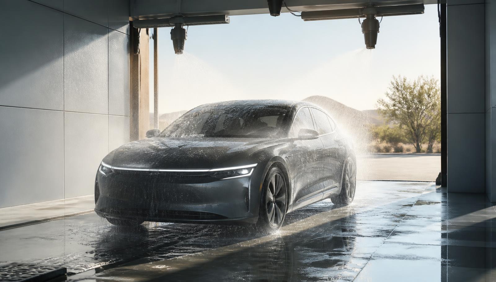 A clean car exiting the wash into daylight beneath drying equipment