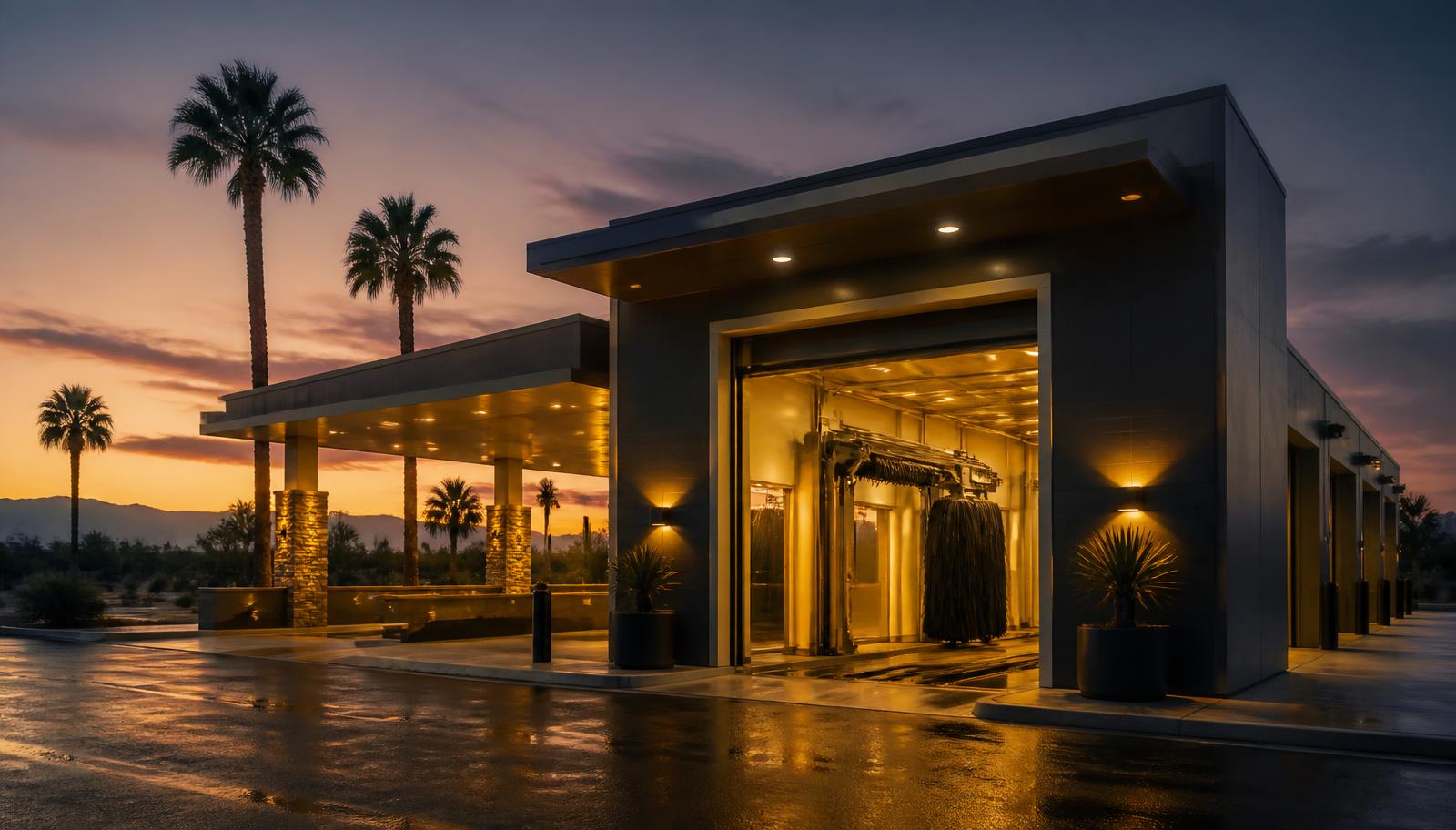 Genius Car Wash facility exterior glowing at dusk in the desert