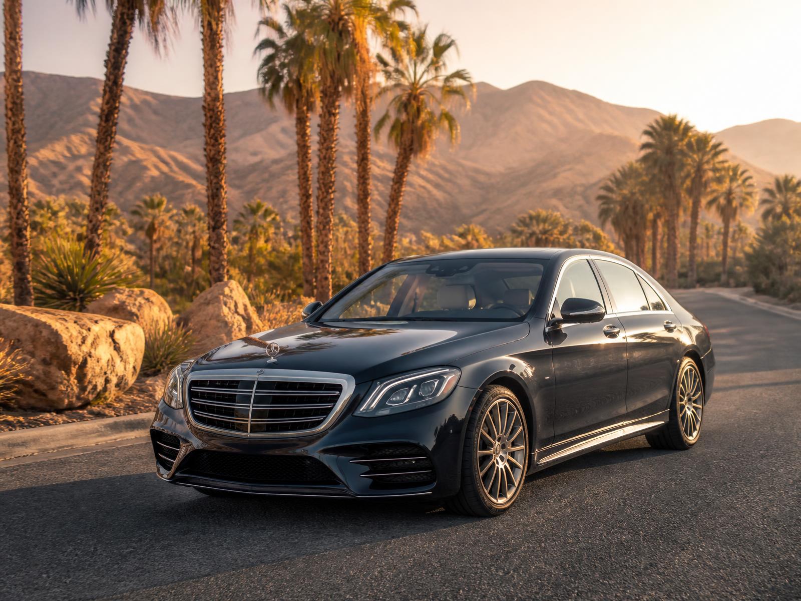 A freshly washed dark sedan on a Palm Desert road at golden hour