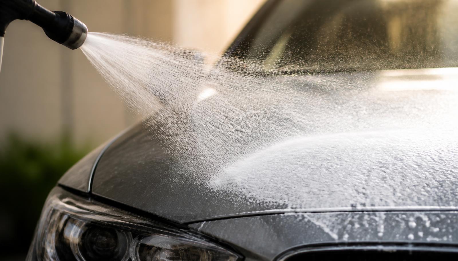 Pre-soak spray being applied across the hood of a car