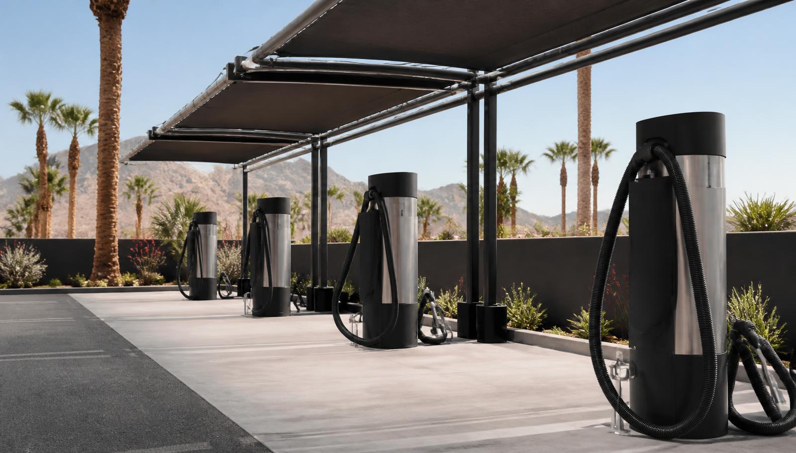 A shaded self-serve vacuum area with desert mountains behind it