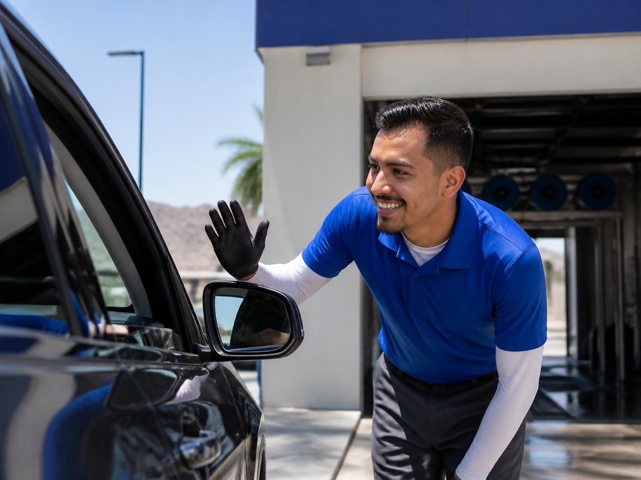 A friendly car wash attendant greeting a customer at the entry lane